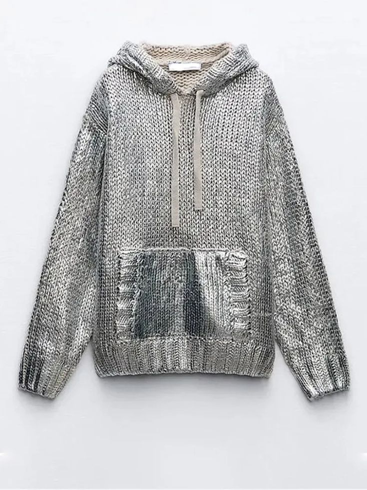 Metallic Silver Knitted Rib Women'S Sweater Hoodie Drawstring Long Sleeve Solid | eBay Elegant Sweatshirt, Pullover Mode, Streetwear Fits, Knitted Hood, Loose Outfit, Knit Sweatshirt, Women Sleeve, Casual Sweaters, Textured Knit