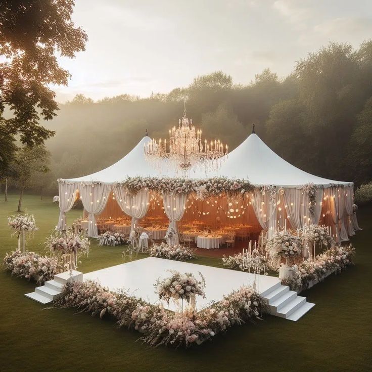 an outdoor wedding tent set up with chandeliers and flowers on the floor, surrounded by greenery