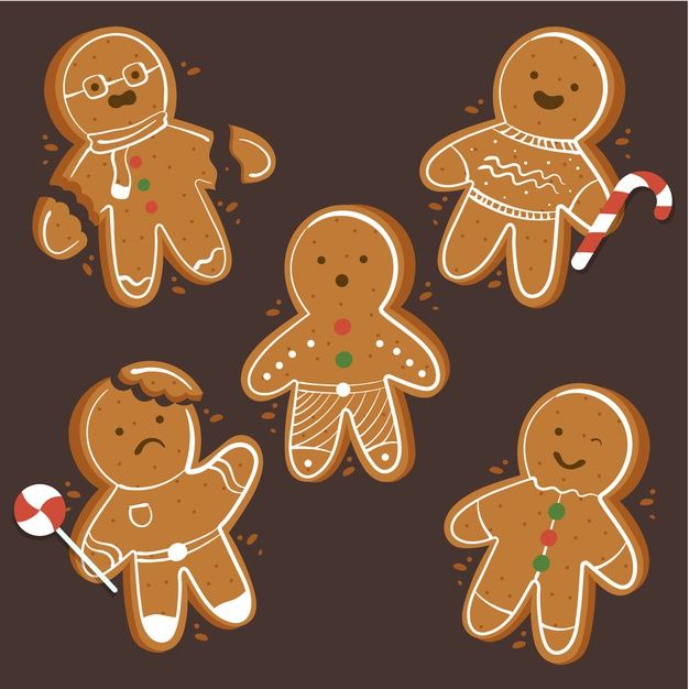 four gingerbread men and one woman with candy canes in their hands, on a brown background