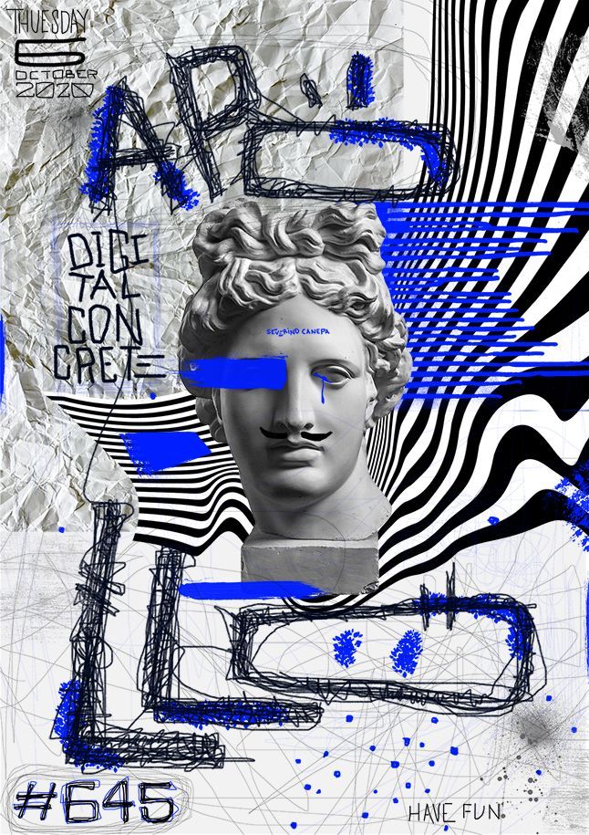 an artistic collage with blue and white lines on the face of a busturine