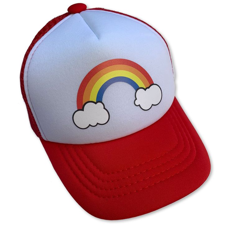 Sol Baby Retro Rainbow Cloud Red Trucker Hat Fun Red Trucker Hat, Novelty Red Trucker Hat, Fun Red Adjustable Trucker Hat, Red Adjustable Fun Trucker Hat, Summer Playtime Baseball Cap, Playful Red Hat For Spring, Playful Adjustable Red Hat, Playful Red Spring Hat, Fun Red Trucker Hat For Beach