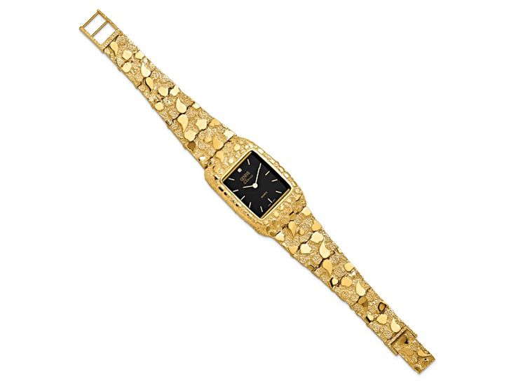 10k yellow gold men's solid nugget watch. Features gold-tone hands and markers, 10k gold case and bracelet, stainless steel case back, mineral crystal, rectangular 27x47mm black dial. Comes with Seiko or Geneve quartz movement, water resistance, fold over catch clasp and one year warranty. Watch band measures approximately 8"L x 5/8"W. Gold Rectangular Watch With Polished Finish, Gold Rectangular Watches With Polished Finish, Gold Jewelry With Polished Finish And Rectangular Dial, Gold Rectangular Jewelry For Anniversary, Gold Analog Watch With Rectangular Face, Gold Rectangular Analog Watch, Rectangular Gold Analog Watch, Gold Rectangular Analog Jewelry And Watches, Square Face