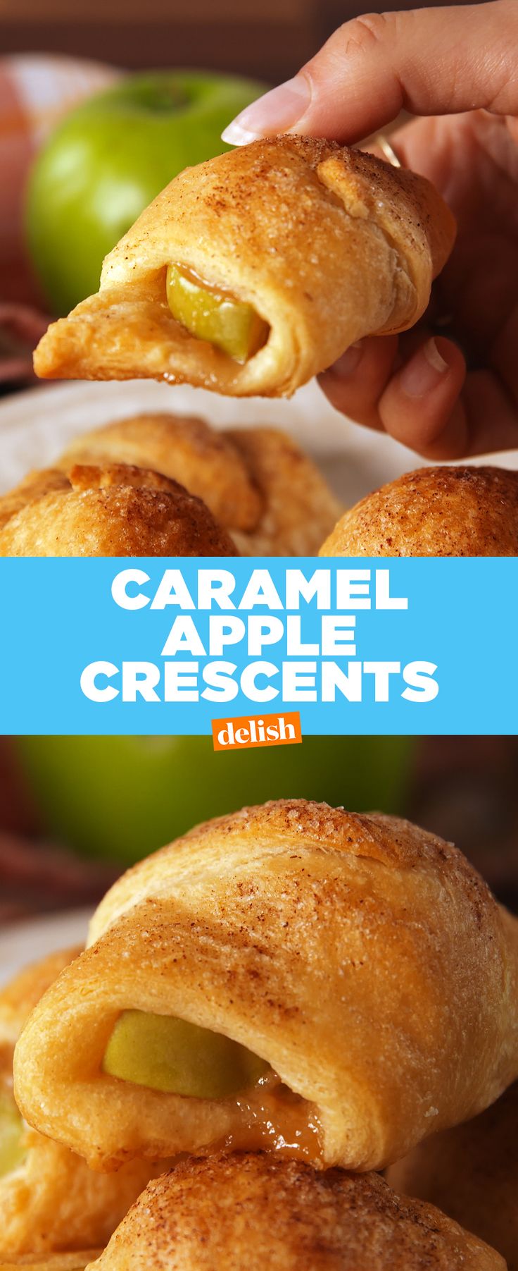 a close up of food on a plate with an apple in the background and text overlay that reads caramel crescents