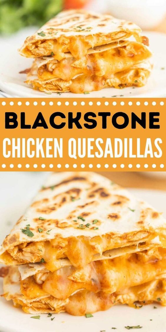 black stone chicken quesadillas stacked on top of each other with the title overlay