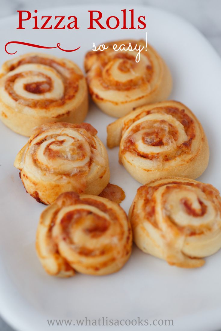 small pizza rolls on a white plate with the title overlay that reads, pizza rolls so easy