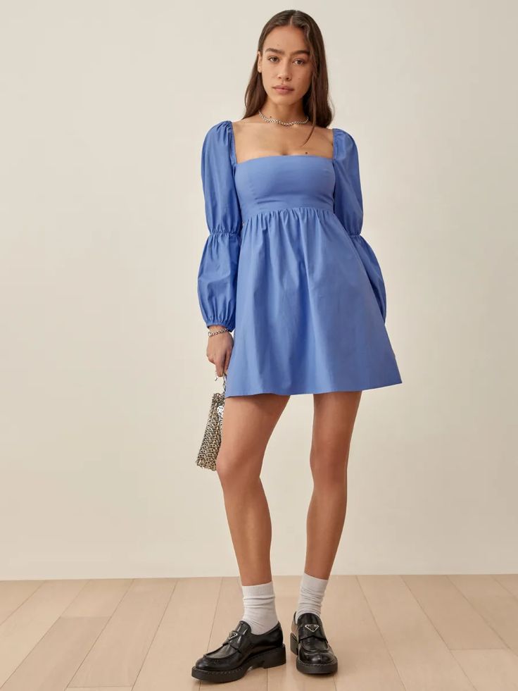 Short Summer Dress Outfits, Blue Dress Sleeves, Dresses Spring 2023, Outfit Graduacion, Baby Doll Dresses, Short Summer Dress, Square Neck Mini Dress, Dresses Spring, Jumpsuit Skirt