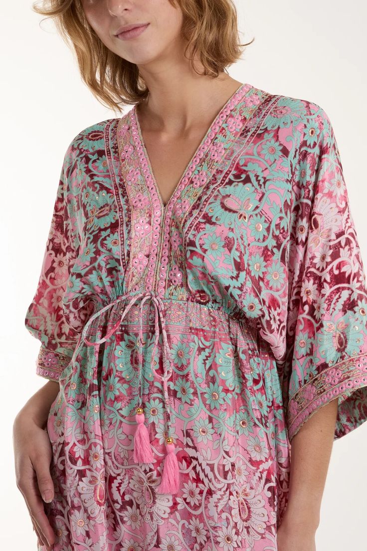 Composition: 100% Polyester Silk V-neck Dress For Vacation, Flowy Printed Dresses For Beach Cover-up, Multicolor Silk V-neck Midi Dress, V-neck Floral Print Boho Dress For Party, V-neck Embroidered Maxi Dress For Summer, Floral Print V-neck Kaftan For Party, Spring Printed Beach Cover-up Dresses, Summer Boho Midi Dress With Floral Print, Pink Silk V-neck Maxi Dress