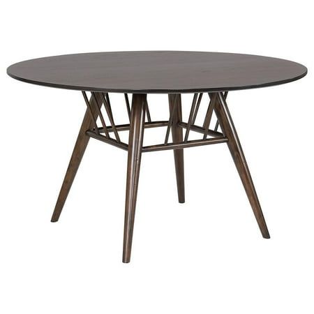 a round table with two wooden legs and a black top, against a white background