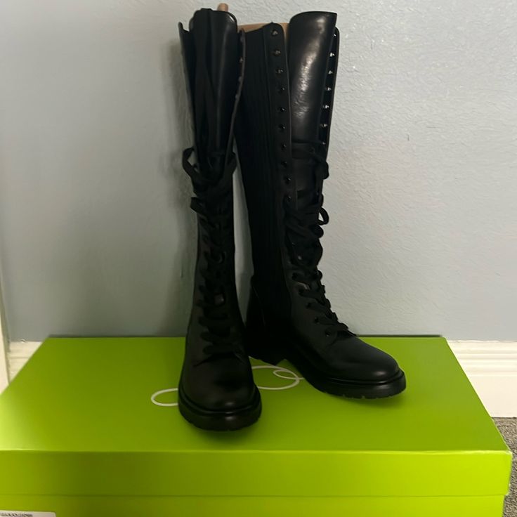 Sam Edelman Lila Leather Boots Lug Sole Black Never Worn (Just To Try On) Perfect Condition. Black Combat Boots With Rubber Sole For Fall, Leather Lace-up Boots With Lug Sole, Knee-high, Spring Leather Knee-high Combat Boots, Black Synthetic Knee-high Lace-up Boots, Black Synthetic Lace-up Knee-high Boots, Casual Calf Leather Lace-up Boots, Casual Lace-up Calf Leather Boots, Black Synthetic Boots With Leather Footbed, Black Leather Knee-high Lace-up Boots