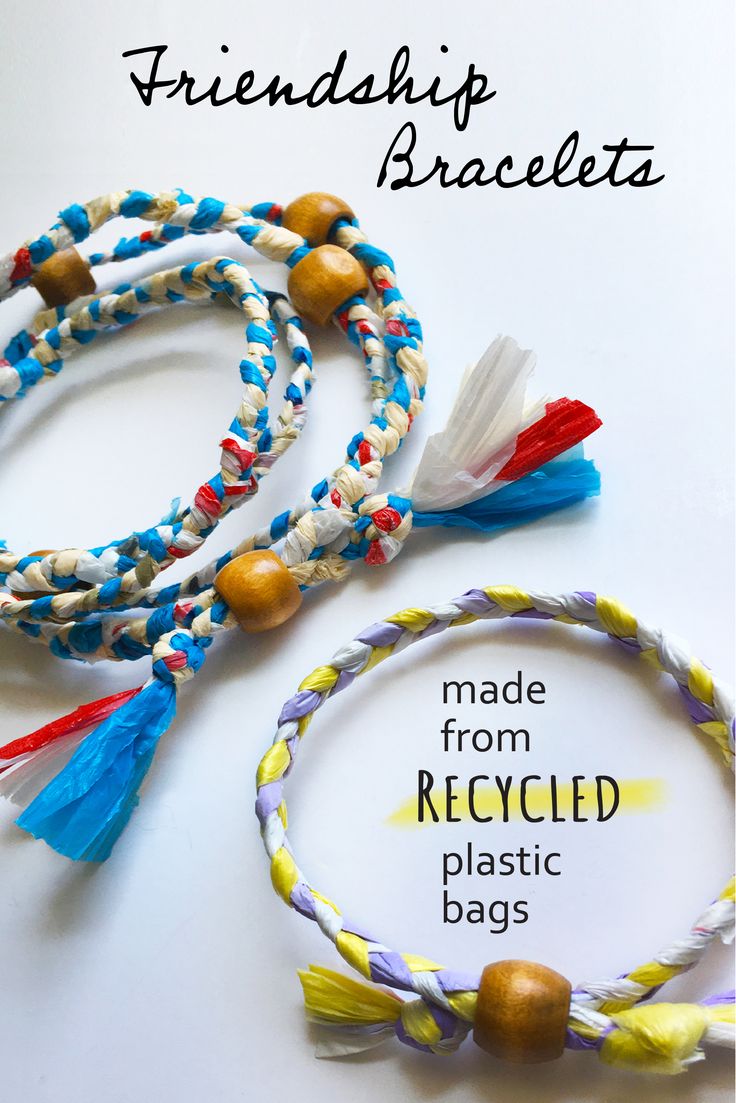 three bracelets made from recycled plastic bags with the words, make from recycled plastic bags