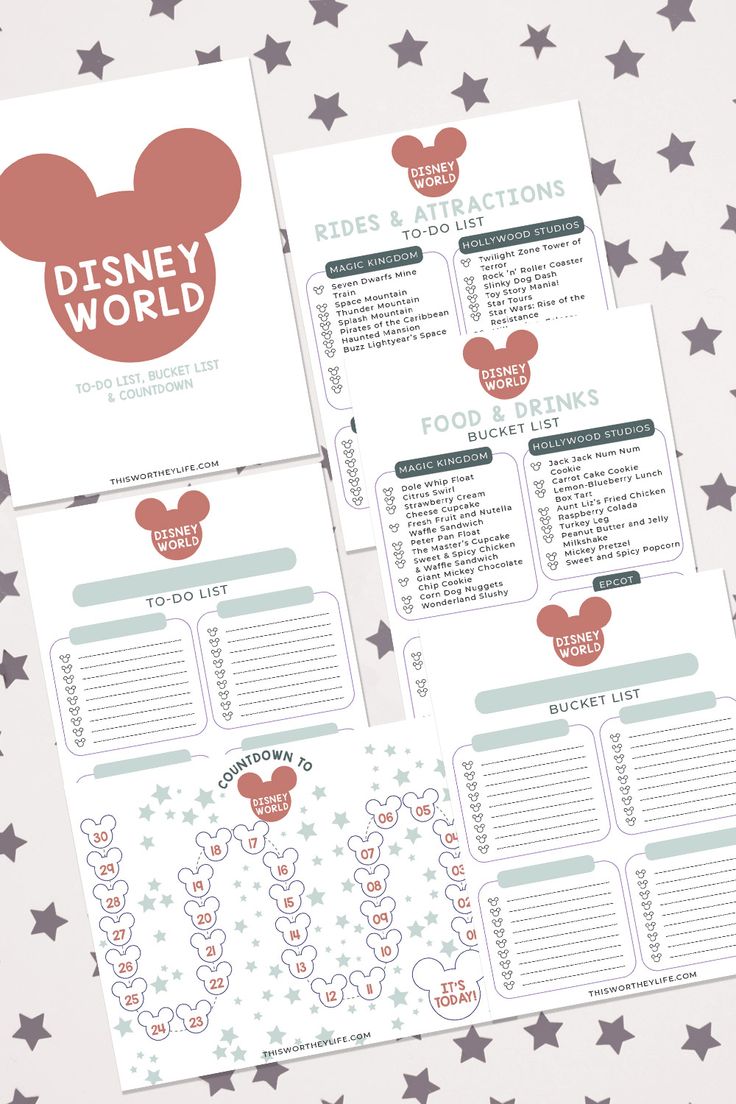 the disney world menu is shown with mickey mouse's ears on top and stars around it