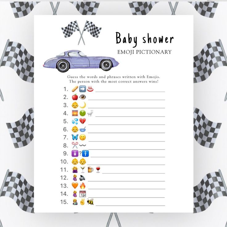 Race car baby shower - baby emoji pictionary game Vans Themed Baby Shower, Car Baby Shower Ideas, Car Baby Shower Theme, Racing Baby, Race Flag, Violet Vintage, Race Car Themes, Ray Ray, Emoji Pictionary