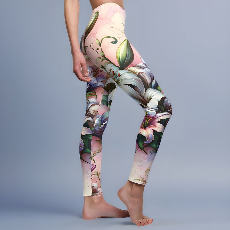 Pink Lily Flower Women's Cut & Sew Casual Leggings (AOP) Crisp imagery, vibrant colors and a soft touch - these elastic skinny fit leggings are perfect for any casual occasion in life.   .: 95% Polyester brushed suede 5% Spandex .: Skinny fit .: Tagless .: White thread color .: Runs true to size .: Assembled in the USA from globally sourced parts Fitted Tights For Pilates In Spring, Spring Yoga Fitted Tights, Fitted Tights For Spring Yoga, Fitted Tights For Yoga Spring Season, Fitted Tights For Yoga In Spring, Fitted Leggings For Pilates In Spring, Fitted Leggings For Spring Yoga, Multicolor Spring Yoga Pants, Spring Yoga Pants In Elastane