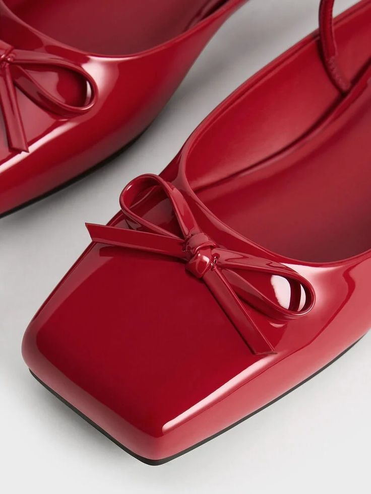 Red Ballet Flats, Pu Heels, Bow Flats, Charles Keith, Low Block Heels, Red Bow, Toe Designs, Classic Silhouette, Belt Size