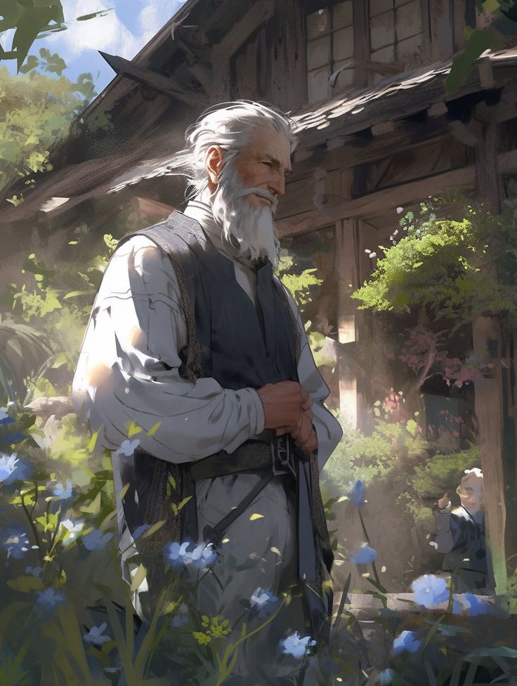 an old man with white hair and beard standing in front of a building surrounded by blue flowers