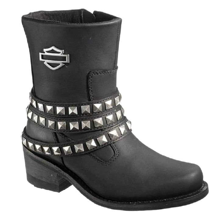 Harley-Davidson Performance, Riding Appropriate* Women's Kellyn Black Leather Motorcycle Boots. Uppers Made From The Best Full Grain Leather Available, Featuring A Full-Length Soft Cushioned Sock Lining. Fashion Features Include Three Studded Dangle Straps And A Silhouette Harley Bar & Shield Logo On The Side. They Also Feature Durable Ykk Locking Inside Zippers For Ease Of Putting On And Taking Off. Total Height 8"; Shaft Height: 6"; Heel Height: 2". Finished With A Rubber Outsole For Easy Walk Black Steel Toe Biker Boots, Black Biker Waterproof Boots With Steel Toe, Black Biker Style Waterproof Boots With Steel Toe, Black Steel Toe Moto Boots For Biker Events, Black Snip Toe Moto Boots For Biker Events, Biker Boots With Snip Toe And Reinforced Toe, Biker Boots With Reinforced Snip Toe, Biker Style Steel Toe Boots For Motorcycling, Biker Style Leather Waterproof Boots With Reinforced Toe