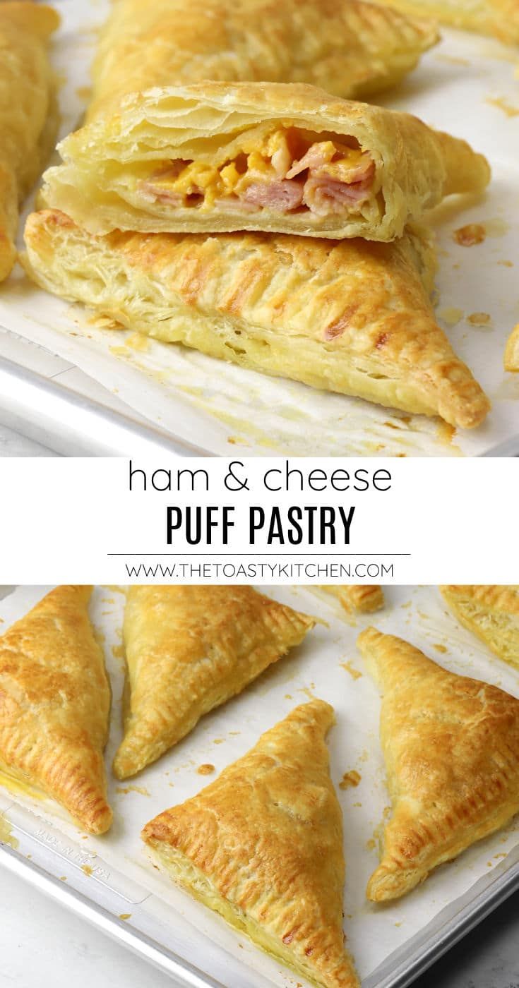 ham and cheese puff pastry on a baking sheet