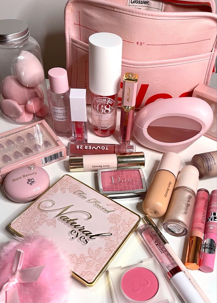 pink makeup, pink makeup aesthetic, aesthetic makeup, girly makeup, too faced, rare beauty, dior beauty, skincare, aesthetic skincare, makeup vanity, sol de janeiro, makeup collection, makeup Makeup Wishlist Ideas, Make Up Astethic, Blush Makeup Products, Pinkish Makeup, Pink Makeup Products, Pink Aesthetic Makeup, Aesthetic Makeup Products, Makeup Aesthetics, Makeup Pics