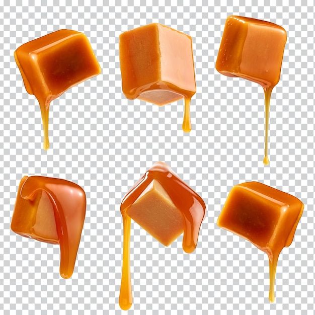 caramel syrup is being poured on top of each other in different shapes and sizes