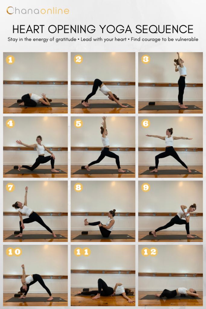 a woman doing yoga poses in front of a wall with the words heart opening yoga sequence