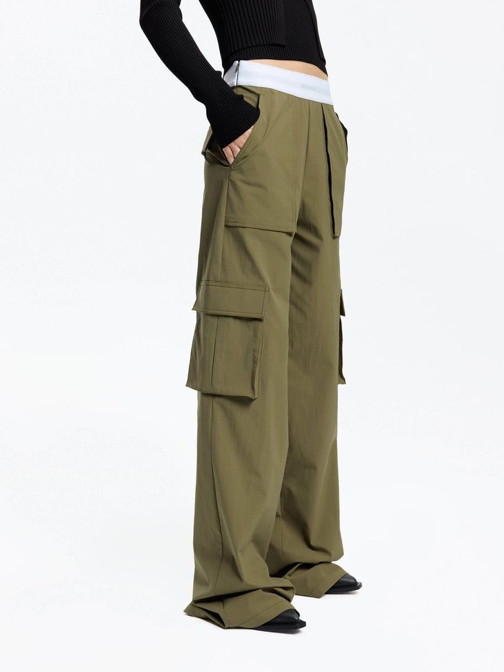 MO&Co. Contrast Waist Cargo Pants Waist Cargo Pants, Outdoor Material, Cargo Pants, Straight Leg, Elastic, Pants, Design, Trousers