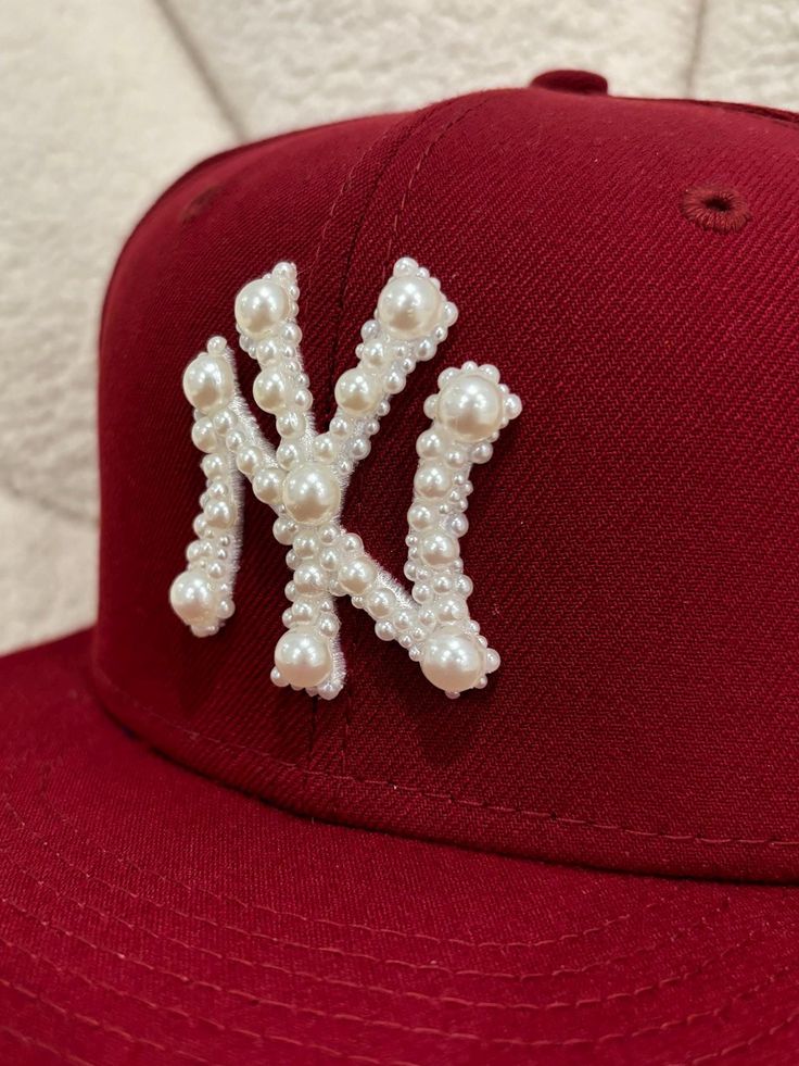 Each pearl is hand placed by me.  Hat Color is Burgundy, apart of my FALL COLLECTION Nyc Baddie, Pearl Hat, Chic Clothing Style, Pearl Jewels, Chic Clothing, Jersey City, Fitted Caps, Fall Collection, Fall Collections