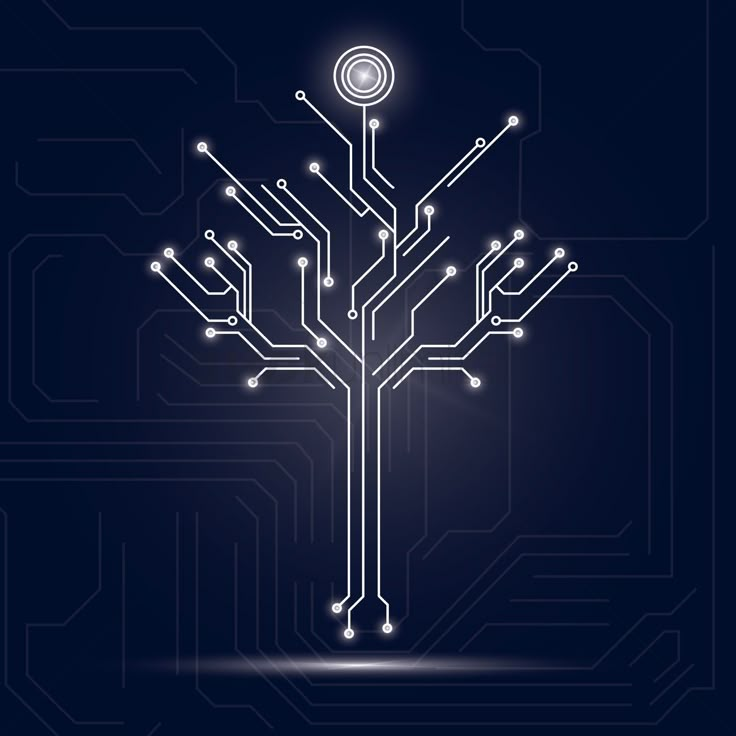 an electronic circuit board with a tree in the middle and light coming out from it