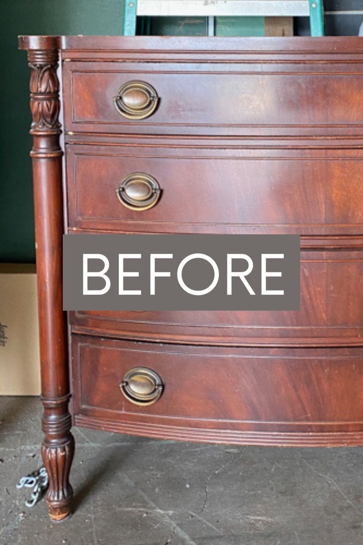 an old dresser with the words before painted on it