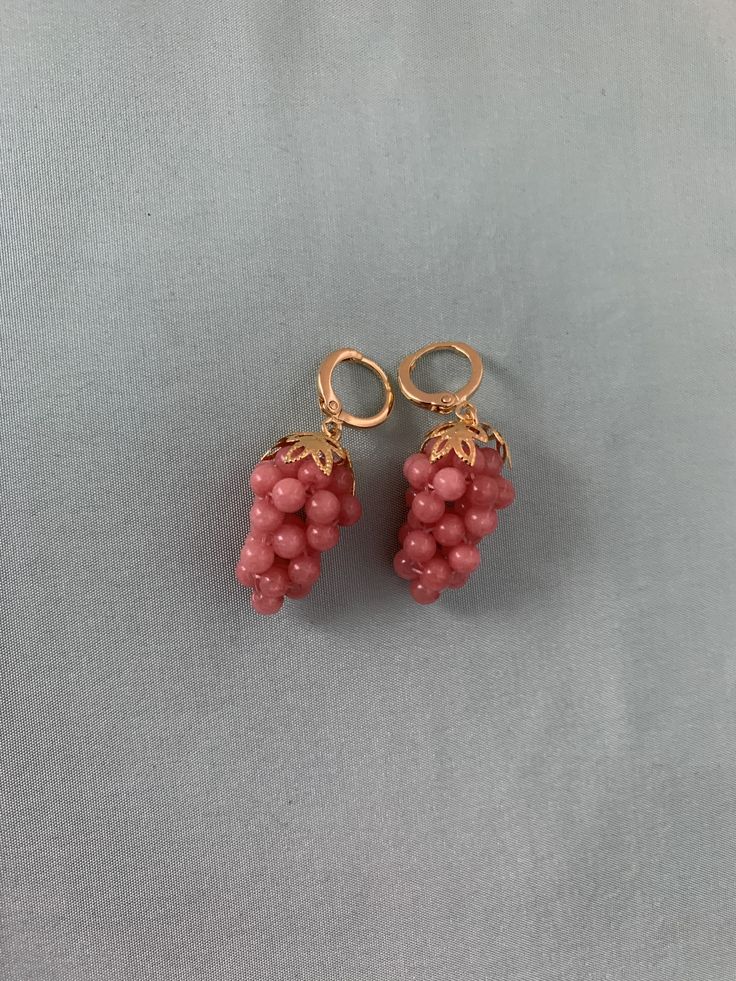 "Dark PINK GRAPE Earrings. Unique historic reproduction jewelry handmade by LADY DETALLE, elegant detail for you and your loved ones! PINK Grapes are finally here! You asked, we listened! Delectable and detailed Dark Rose PINK Chalcedony GRAPE clusters, inspired by the many historic examples of grape earrings, especially the huge amount of examples in the mid Victorian era. Grapes have so many different meanings, and grapes have been a popular and available motif in jewelry, with examples of gol Unique Pink Gemstone Earrings, Handmade Pink Earrings For Formal Occasions, Elegant Handmade Pink Clip-on Earrings, Pink Single Earring For Anniversary, Single Pink Earring For Anniversary, Formal Handmade Pink Earrings, Formal Pink Handmade Earrings, Pink Natural Stone Earrings For Gift, Pink Pendant Earrings As Gift