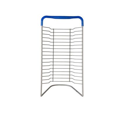 a metal rack with blue handles on the top and bottom, against a white background