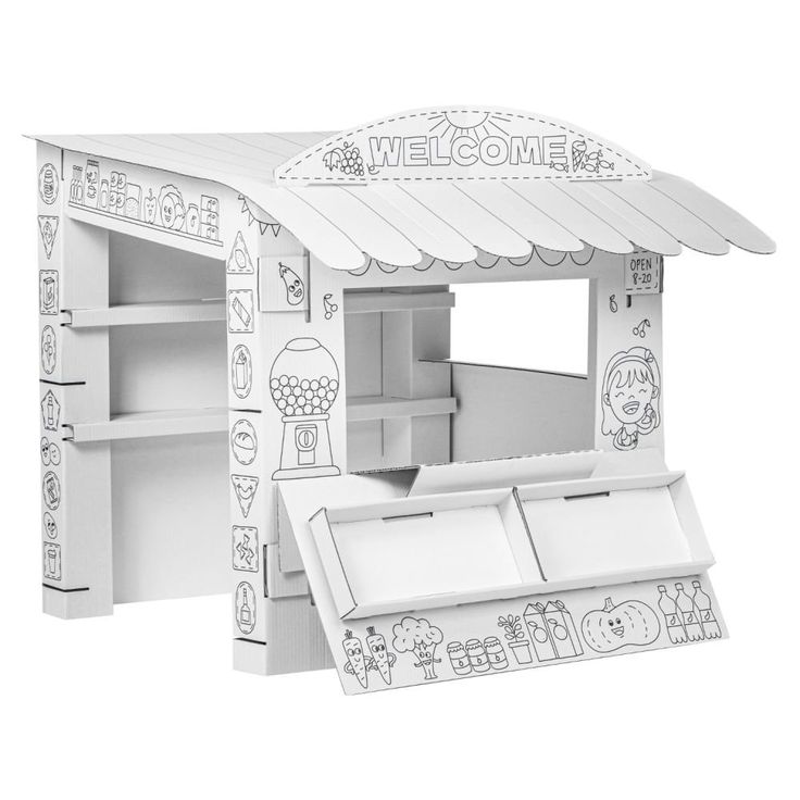 a white wooden doll house with an awning