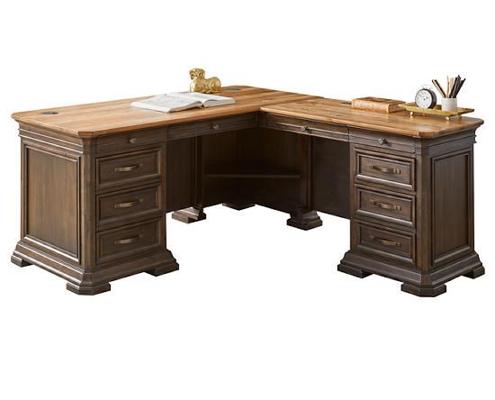 an office desk with two drawers on each side