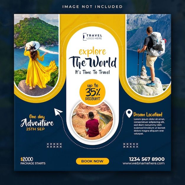 a travel flyer with two photos and the text explore the world it's time to travel