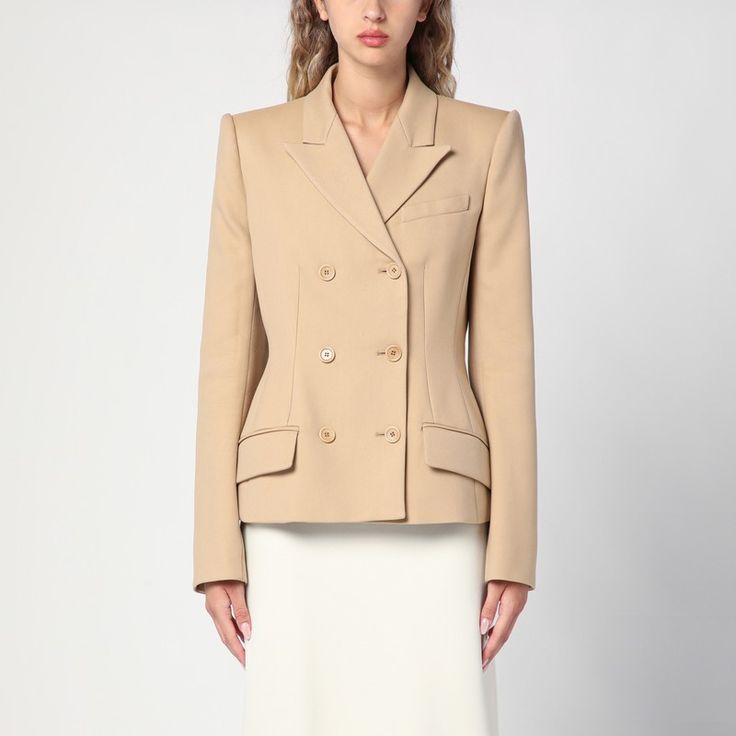 Double-breasted jacket by Sportmax in camel-coloured cotton-blend, featuring peaked lapels, padded epaulettes, a front button placket, a welt breast pocket, front flap pockets and buttoned cuffs. Beige Business Blazer With Buttons, Beige Semi-formal Blazer With Buttons, Tailored Double-breasted Outerwear With Suit Collar, Double-breasted Sport Coat With Hidden Button Closure For Office, Beige Semi-formal Blazer With Button Closure, Beige Pea Coat With Lapel Collar And Double Button, Beige Pea Coat With Notch Lapel And Hidden Buttons, Tailored Single Breasted Beige Pea Coat, Beige Pea Coat With Lapel Collar For Office