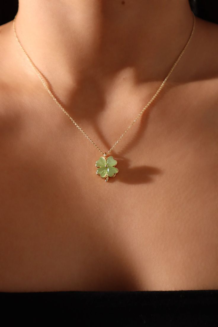 18K Real Gold Plated Spinning Jade Clover Necklace – Cutethingscommin Trendy Green Necklace For Party, Green Round Necklace Gift For Her, Dainty Green Gemstone Charm Necklace, Gold Plated Green Emerald Necklace, Green Necklaces With Clavicle Chain And Flower Pendant, Green Round Pendant Necklace For Her, Green Round Gold Plated Emerald Necklace, Dainty Green Charm Necklace For Gift, Green Dainty Charm Necklace For Gift