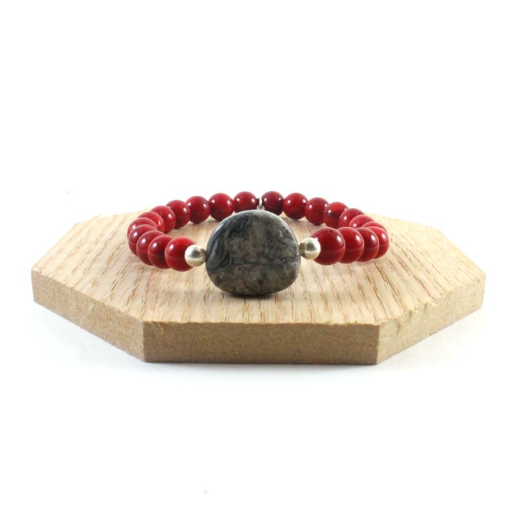 Red Coral Beads with Grey Jasper Bracelet Red Agate Beaded Bracelets For Meditation, Red Agate Beaded Bracelet For Meditation, Red Spiritual Beaded Bracelets With Natural Stones, Red Agate Bracelets For Meditation, Spiritual Red Beaded Bracelets With Natural Stones, Red Spiritual Beaded Bracelets With Gemstone Beads, Red Agate Bracelets With Gemstone Beads, Red Gemstone Beaded Spiritual Bracelets, Red Beaded Bracelets With Natural Stones For Meditation