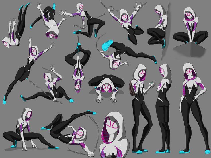 various poses and expressions for the character in spider man into the spider verse, which is based