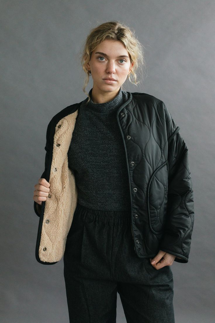 The Anouk Jacket is an elevated take on a liner style jacket featuring a quilted nylon outer body and cozy sherpa fleece lining. Roomy pockets and snap front closure. Oversized fit. Model is wearing SMALL. Model is 5'8". Please review our size guide prior to ordering. Need specific measurements? Send us an email and we will be happy to help you find the perfect fit.