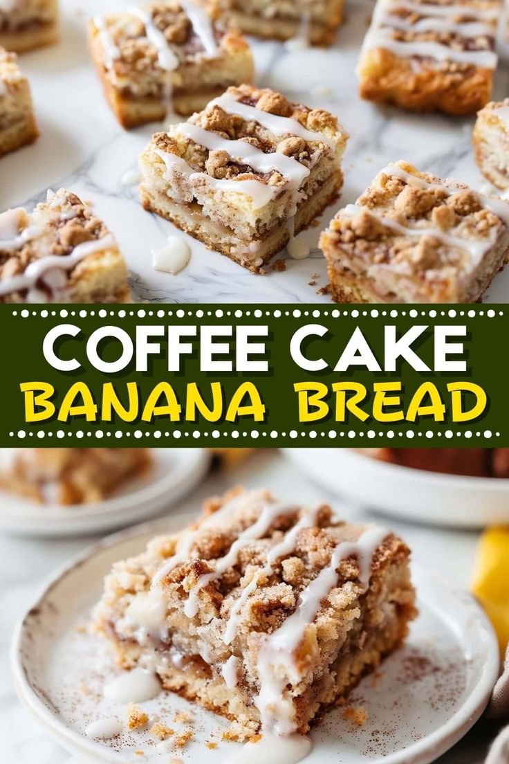 coffee cake banana bread on a plate with the title in the middle and below it