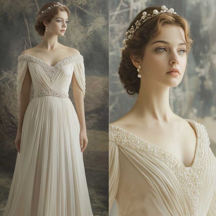 Grecian Goddess Inspired Wedding Dress with Draped Sleeves WJ2402 Greek Inspired Dress Wedding, Greek Gowns Goddesses, Greek Goddess Inspired Wedding Dress, Grecian Dress Goddesses, Greek Inspired Wedding Dress, Wedding Dress Greek Style, Ancient Greek Wedding Dress, Greek Wedding Dress Goddesses, Ancient Greek Wedding