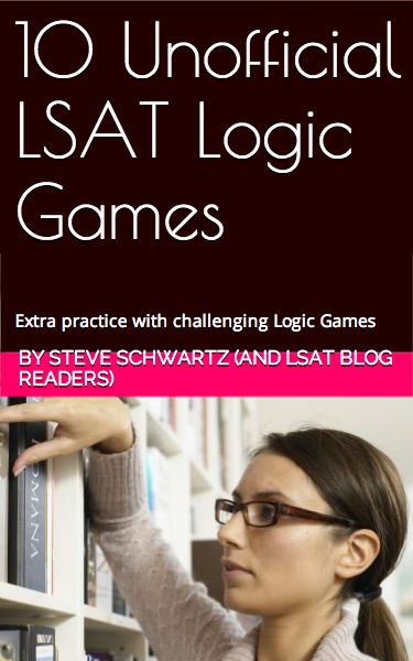 a woman in glasses is looking at books on a shelf with the title 10 unforial lsat logic games