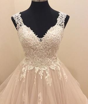 Fitted Lace Dresses For Quinceanera, Lace Wedding Dress With Sweep Train For Prom Season, Lace Back Prom Gown, Lace Ball Gown Dress With Sheer Bodice, Lace V-neck Dress With Sweep Train, V-neck Lace Dress With Sweep Train, Sweetheart Neckline Delicate Lace Prom Dress, Lace Evening Dress For Bridesmaid Or Prom, Wedding Lace Dress With Lace Back For Prom Season