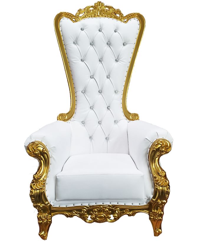 a white chair with gold trimmings on the arm and back, against a white background