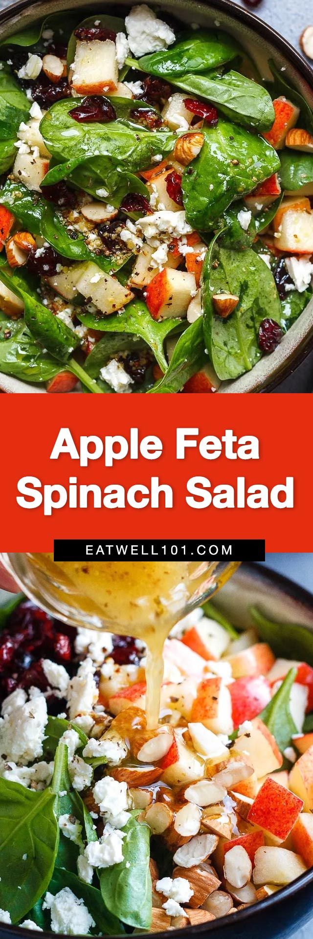 an apple feta spinach salad is being drizzled with dressing