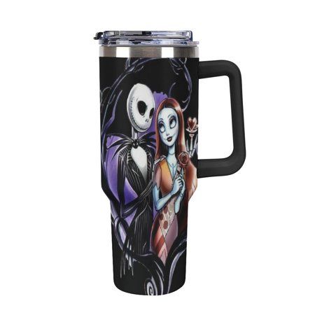 thermos travel mug is decorated with an image of jack and sally from disney's animated movie