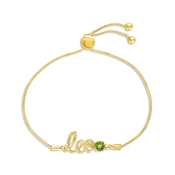 Wear your star sign with this mystical bolo bracelet featuring "Leo" crafted in swirling 10K yellow gold letters. A peridot adds sparkling color to the design. The 9.5-inch wheat chain secures with a sliding bolo clasp. Zodiac Leo, Leo Sign, Bolo Bracelet, Lab Created Emerald, Leo Zodiac, Star Sign, Gold Letters, Star Signs, Wheat