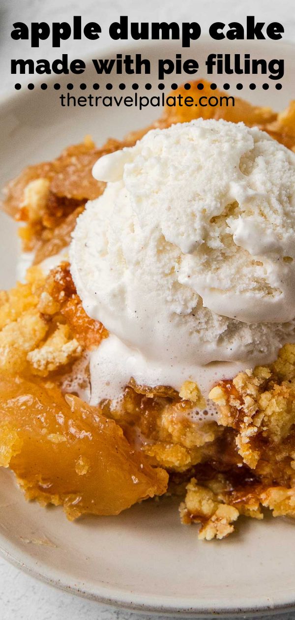 an apple dump cake on a white plate with ice cream in the middle and text overlay