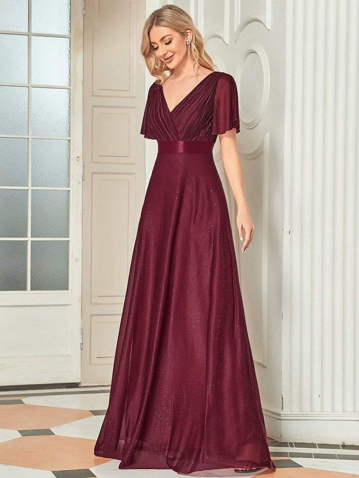 This Dress is fashionable for every occasion. the dress is made-to-order by professional tailors. You can choose from 50 colors, Regular sizes 2 to 16 and plus sizes 14w to 26W. Custom size is also available.. The product details: Color: Burgundy, Length: Long, Silhouette: A-Line, Neckline: V-Neck, Primary Fabric: Polyester Ruffles Sleeves, Sparkle Shorts, Formal Maternity Dress, Evening Gowns With Sleeves, A Line Evening Dress, Evening Dresses With Sleeves, Custom Size Dresses, Formal Dresses For Weddings, Pleated Bodice