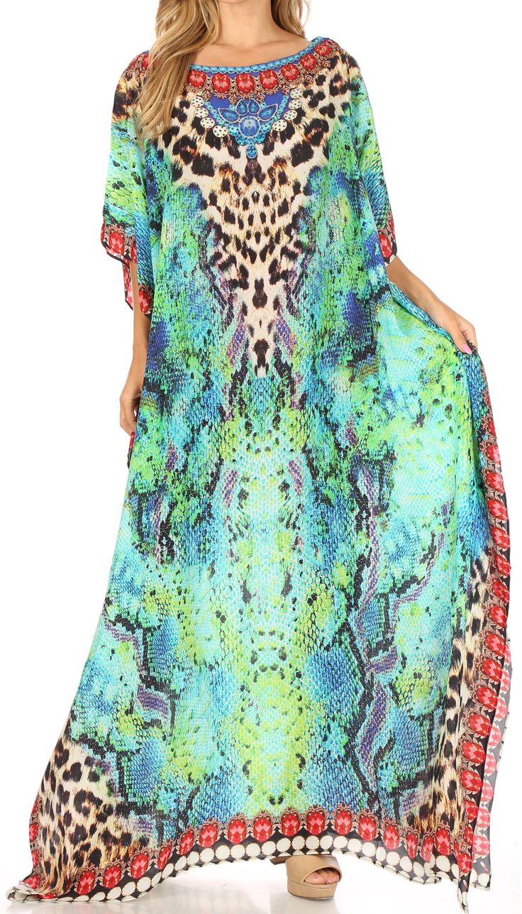 One Size: Bust 54"( 137 cm), Length 54"( 137 cm). US 4-24W, EU 34-54, UK 8-28. Shell: Colorful digital print on polyester material. Care: Wash cold delicate, iron from reverse. Dry Clean recommended. This lovely kaftan dress features a boat-neck and generous sleeve openings. Also, nicely placed rhinestones around the neckline. This garment is perfect for all body shapes, made with lightweight soft opaque crepe fabric and colorful print. This dress is perfect to wear at weddings, dinner, events a Loose Gown, Kaftan Dress Boho, Beach Kaftan Dress, Beach Kaftan, Women Maxi, Dress Boho, Kaftan Dress, Crepe Fabric, Long Beach