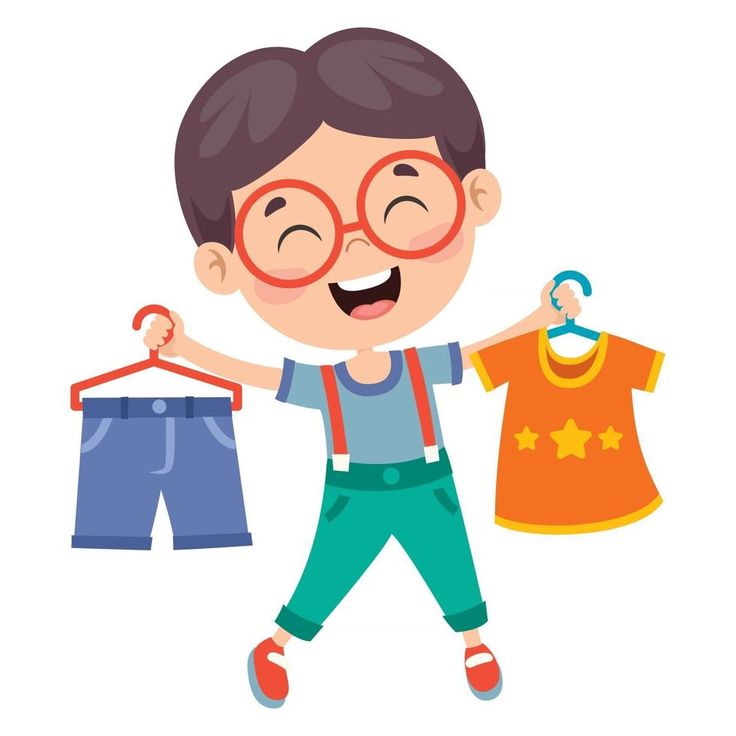 a boy with glasses is holding two shirts and shorts on a clothes line while smiling